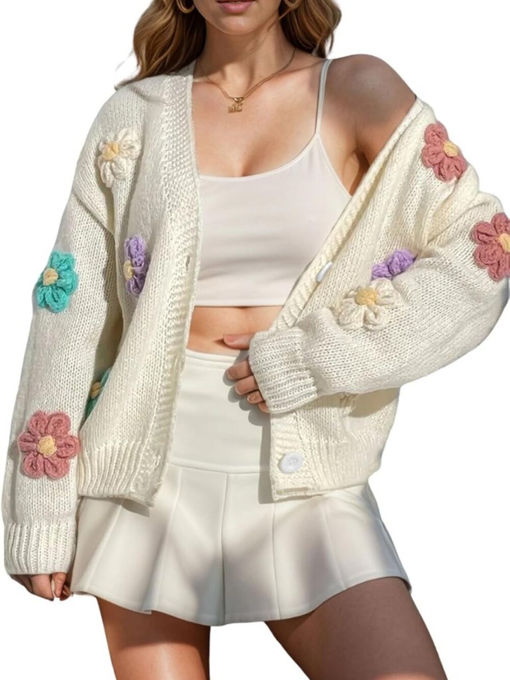 Ribbed Knit Cardigan with Embroidery, Aesthetic Floral Applique, Button-Up